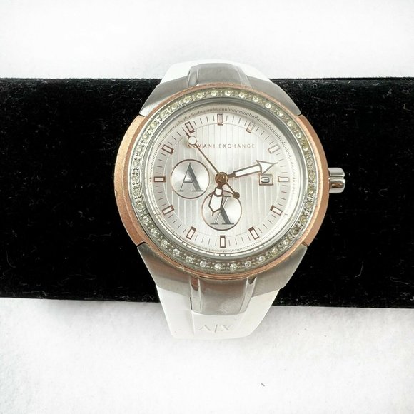 A/X Armani Exchange Accessories - ARMANI EXCHANGE AX Womens White Silicone Rose Gold Wrist Watch - WORKS AX5052